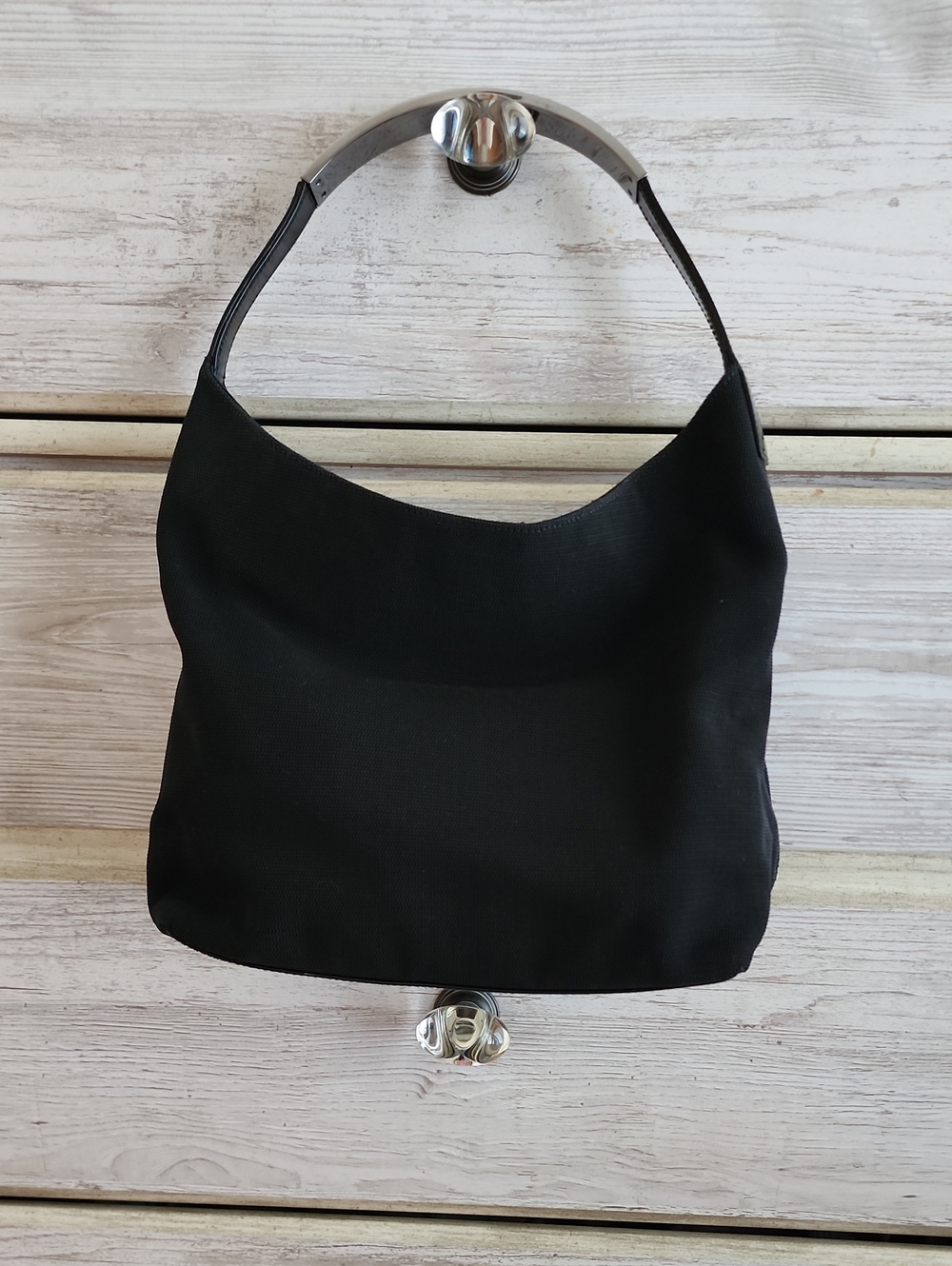 Gucci Black Vintage Minimalist Canvas Hobo Bag with Curved Silver Top Handle